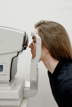 Side view of female client putting head on medical machine for checking eyesight in contemporary clinic